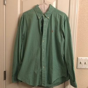 Green checkered Ralph-Lauren button-up shirt.